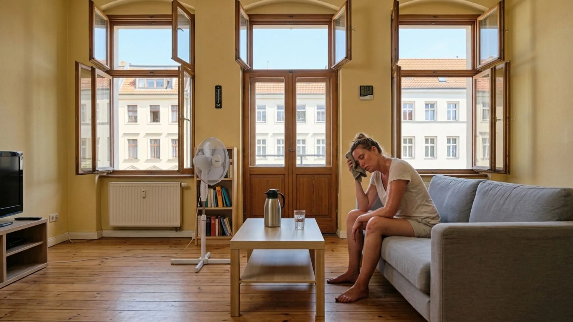 Eine erschöpfte Person leidet unter der drückenden Hitze in einer Dachgeschosswohnung ohne Klimaanlage