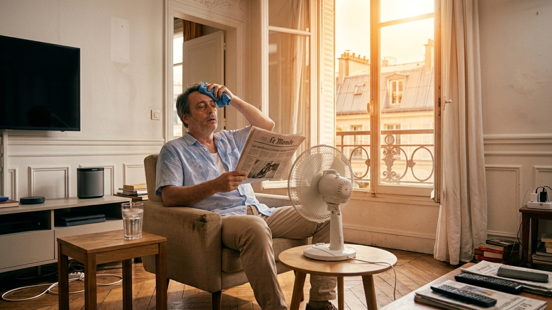 Une personne épuisée souffre de la chaleur étouffante dans son appartement sans climatisation