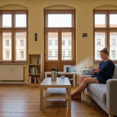 Famille française souriante et rafraîchie à la maison grâce à la brise fraîche du refroidisseur